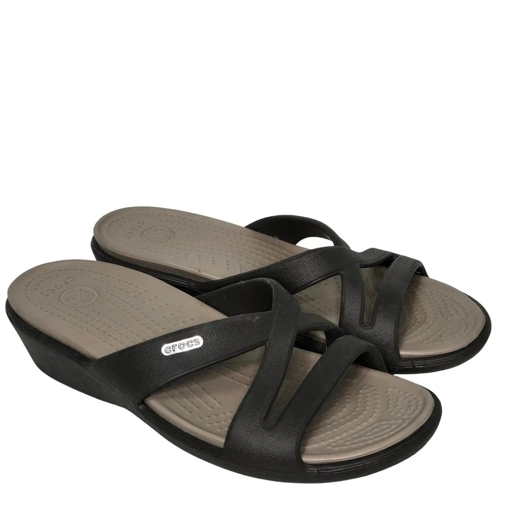 Crocs Patricia Wedge Sandals Espresso Brown Tan Strappy Comfort Shoes 7